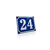 Betriebsausstattung24® Hausnummernschild | Nostalgische Hausnummer | Mit Wunschtext Prägung | Aluminiumschild mit Antiqua-Rand | Größe: (15,0 x 12,0 cm, Blau mit weißer Schrift)
