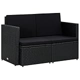 vidaXL Gartensofa 2-Sitzer mit Auflagen Lounge Gartenbank Sofa Bank Gartenmöbel Rattansofa Loungesofa Terrasse Garten Schwarz Poly Rattan