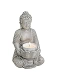 Buddha Figur mit Teelichthalter. Ideal für drinnen und draußen, 14cm hoch aus wiederstandsfähigem Polyresin