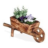 Relaxdays Pflanzschubkarre, gebranntes Holz, Gartendeko, Vintage Design, zum Bepflanzen, HxBxT: 19 x 47 x 15 cm, Natur