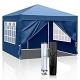 LEADZM Pavillon 3x3m Pop-up Faltpavillon,Wasserdichter,Höhenverstellbar,UV Schutz 50+,Gartenzelt,Partyzelt,Camping,Stahlrahmen,mit 4 Seitenteilen(Blau-4 Seitentuch)