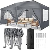 TOOLUCK Pavillon 3x6 Faltpavillon Wasserdicht Stabil Winterfest Faltbar Partyzelt mit 6 Seitenteilen Pop up Gartenpavillon UV Schutz 50+ Höhenverstellbar für Strand Hochzeit Camping, Grau