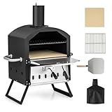 KOMFOTTEU Pizza Offen Outdoor, Pizzaofen 600℃, Tragbarer Holzofen aus Edelstahl, Pizza Backofen 2 Stufen für Garten, Mini oven mit Pizzastein Pizzaschaufel Grillrost wasserdichter Deckel