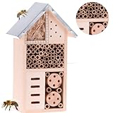 Smart-Planet Stabiles Insektenhotel Naturbelassenes Bienenhotel aus Holz - wetterfestes Insekten Hotel mit Metalldach 15x9x26cm - für Garten und Hof