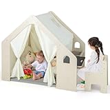 COSTWAY 6-IN-1 Kinderzelt Holz mit Kindertisch & Stuhl, Kinderspielhaus mit Matte | Tafel | Aufbewahrungsbox | Kreidebox, Spielzelt Spielhaus Indoor für Kinder ab 2 Jahren (Mit 1 Box)