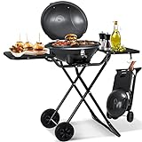 KESSER® elektrischer Elektrogrill 2in1 Tischgrill - Standgrill mit Deckel und Standfuß | max. 2400 Watt | Faltbar | Thermometer | Antihaftbeschichtung | Grillplatte Abstelltische | 2 Räder |