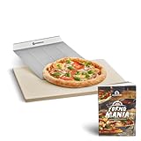 BURNHARD Pizzastein und Pizzaschaufel für Gasgrill & Holzkohlegrill aus Cordierit und Edelstahl für Brot, Flammkuchen & Pizza, rechteckig - 45 x 35 x 1,5 cm