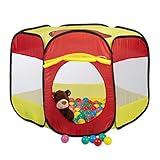 Relaxdays 10022471 Bällebad mit 100 Bällen für Kinder, Popup Spielzelt als Ballpool ab 3, HBT: 70x85x100 cm, sechseckig rot-gelb