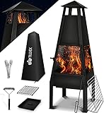 tillvex Terrassenofen mit Grillfunktion | Gartenkamin aus Stahl | Feuerstelle Gartenofen mit Abdeckung BBQ Grillrost Schürhaken Grillzange Bürste Typ 2