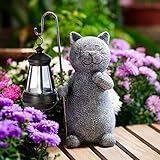 Yeomoo Katze Gartenfiguren für Außen mit Solar Laterne – Lustig Wasserdicht Solarlampe Figur Gartendeko für Draußen Balkon Terrassen Geschenke für Frauen Männer Mama Geburtstag Feengarten Grau