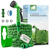 Fepro® Flexibler Gartenschlauch mit 7 Funktion 15m basic, Wasserschlauch flexibel mit 3-Fach Latexkern inkl. Adapter für 1/2' 3/4' Zoll und Wandhalterung, dehnbarer flexiSchlauch