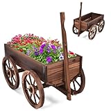 HOMASIS Blumenwagen Holz, Pflanzwagen mit Griff & 4 Rädern, Blumenschubkarre Pflanzschubkarre mit Drainagelöcher, Blumenkasten Gartendeko, Pflanzkasten für Garten Balkon Terasse, 120x43x53,5cm, Braun