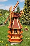 Windmühle 3 stöckig kugelgelagert 1,40 m Bitum rot mit Beleuchtung Solar, Solarbeleuchtung, mit extra Windrad hinten am Kopf, imprägniert, Kugellager einstellbar