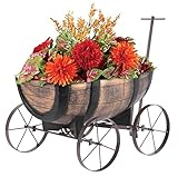 STREND PRO Blumenwagen Whiskyfass - Pflanzwagen auf rädern, Gartendeko Blumentopf Barel - realistischer Blumentopf Holzoptik - Blumentopf Planzschubkarre - Leiterwagen Holz, Bollerwagen Holz