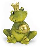 TEMPELWELT® Deko Garten Figur Frosch Froschkönig 15 cm, Polystein Grün Beige Mit Goldkugel, Dekofigur Märchenfrosch Gartendeko Tierfigur für Frühling Sommer Herbst