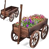 RELAX4LIFE Blumenwagen, Blumenständer mit 4 Rädern & Verstellbarem Griff, Pflanzwagen aus Massivholz, Blumenkasten für Garten & Balkon & Terrasse, 120 x 43 x 53,5 cm, Braun