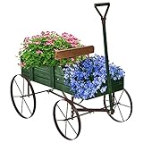 RELAX4LIFE Blumenständer mit 4 Rädern aus Metall, Pflanzwagen aus Massivholz, Holzwagen bis zu 15 kg belastbar, Blumenkasten für Garten & Balkon & Terrasse, Blumenwagen Bollerwagen Deko (Grün)