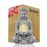 Yeomoo Meditation Buddha Figur Gartendeko für Draußen – Zen Buddha Deko Groß mit Solarlampe Glaskugel Figuren Geschenke für Mama/Frauen Japanische Deko für Balkon,Garten,Terrasse Zimmer Grau 26.5CM