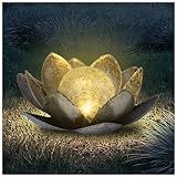 FLOWood Solarlampen für Außen Garten Lotus, Gartendeko für Draußen Lotusblten mit Crack Glas Kugel, Garten Geschenke für Frauen(Silber)