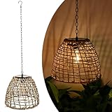 Außen Hängelampe Solar Laterne IP44 Wasserdicht Garten Solarlampe Boho Rattan Lampenschirm Pendelleuchte Hängeleuchte mit LED Glühbirne Gartenleuchten für Patio Terrasse Balkon Hof Pavillon Deko