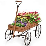 RELAX4LIFE Blumenständer mit 4 Rädern aus Metall, Pflanzwagen aus Massivholz, Holzwagen bis zu 15 kg belastbar, Blumenkasten für Garten & Balkon & Terrasse, Blumenwagen Bollerwagen Deko (Braun)
