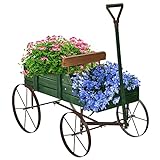 RELAX4LIFE Blumenständer mit 4 Rädern aus Metall, Pflanzwagen aus Massivholz, Holzwagen bis zu 15 kg belastbar, Blumenkasten für Garten & Balkon & Terrasse, Blumenwagen Bollerwagen Deko (Grün)
