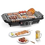 Elektrogrill Tischgrill elektrisch, Elektrischer BBQ-Grill, rauchloser Non-Stick Innen-/Outdoor-Grill, 2000W Doppelröhre tragbarer abnehmbarer Standgrill der hohen Leistung (Elegantes Schwarz)